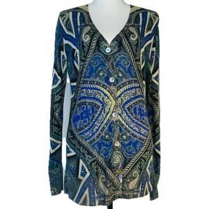 Chico's Glam Button-Up Geometric Cardigan Women M Purple Black Gold Metallic